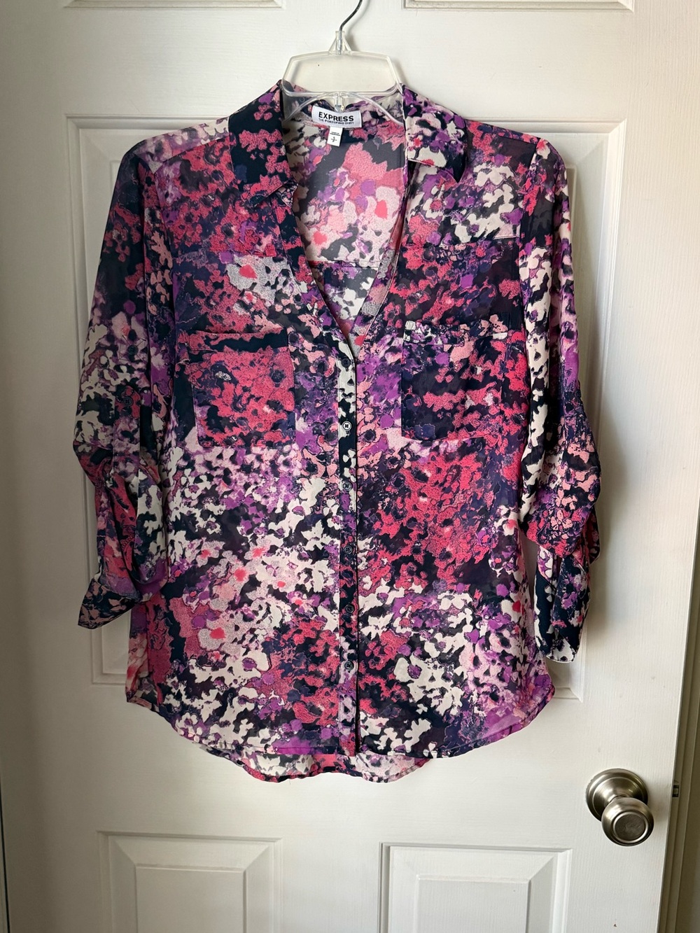 Express Floral Print Button-Down Shirt in Purple and Pink